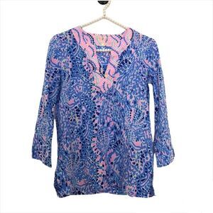 Lilly Pulitzer Amelia Island Tunic Blouse Multi Tic Tac Toe Tile Print Size XXS